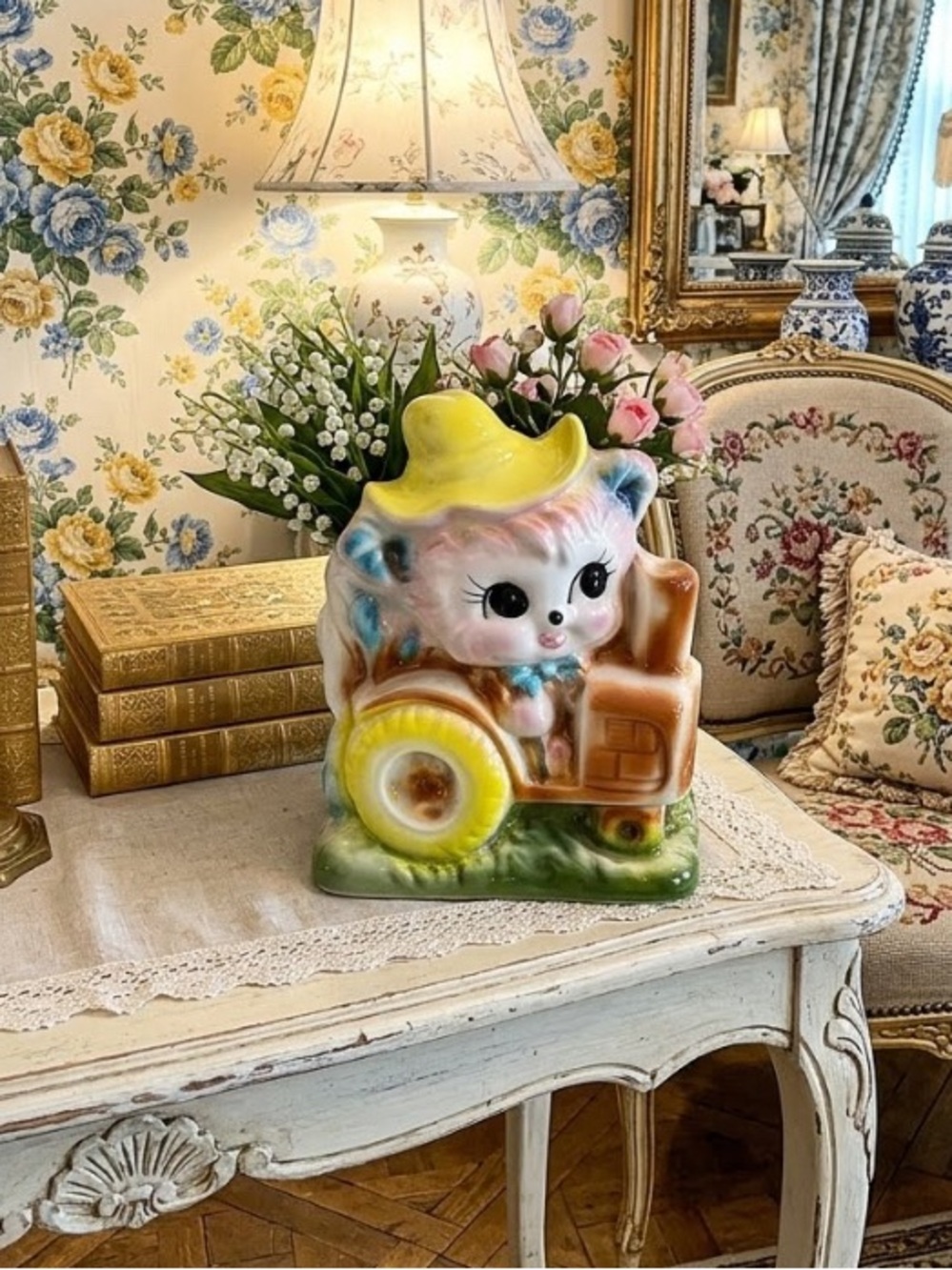 Vintage Pastel Bear Planter Kitschy Farmer Tractor 50/60s *Hairline Cracks